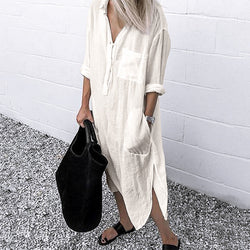 Solid Linen Button Down Curved Hem Side Split Long Shirt Dress