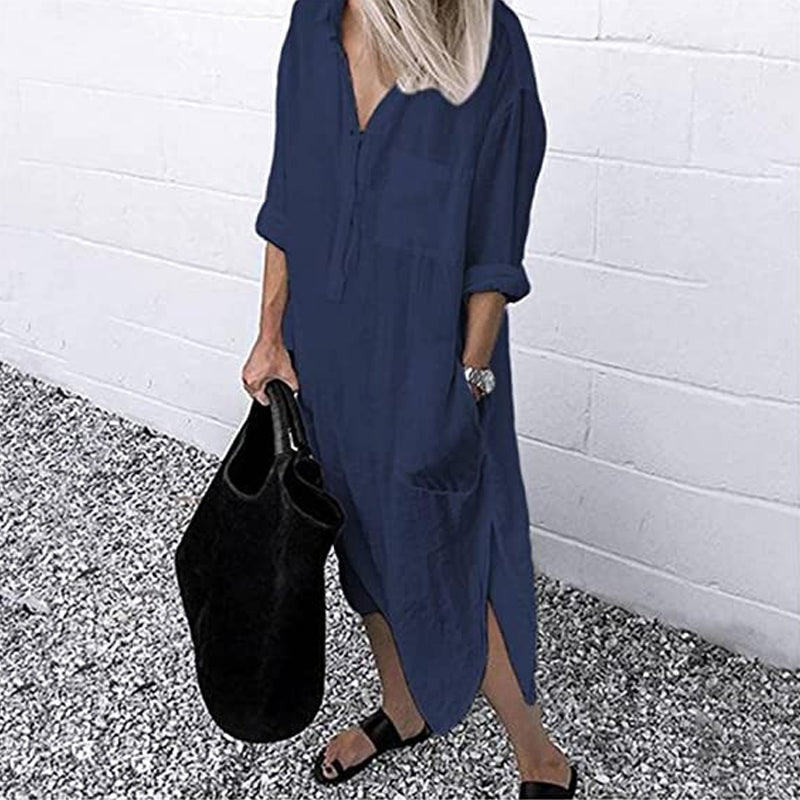 Solid Linen Button Down Curved Hem Side Split Long Shirt Dress