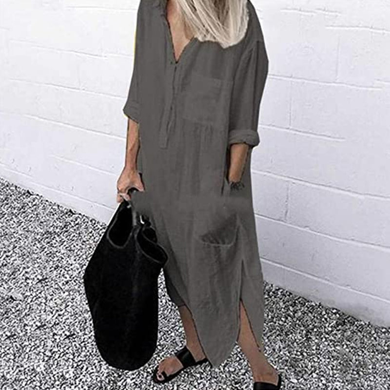 Solid Linen Button Down Curved Hem Side Split Long Shirt Dress