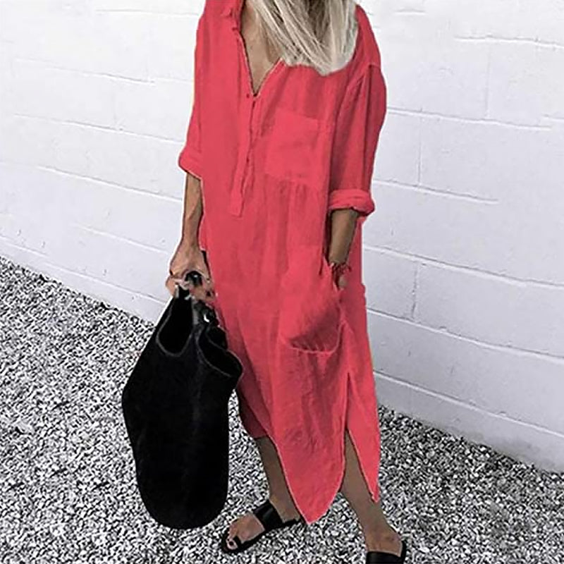 Solid Linen Button Down Curved Hem Side Split Long Shirt Dress