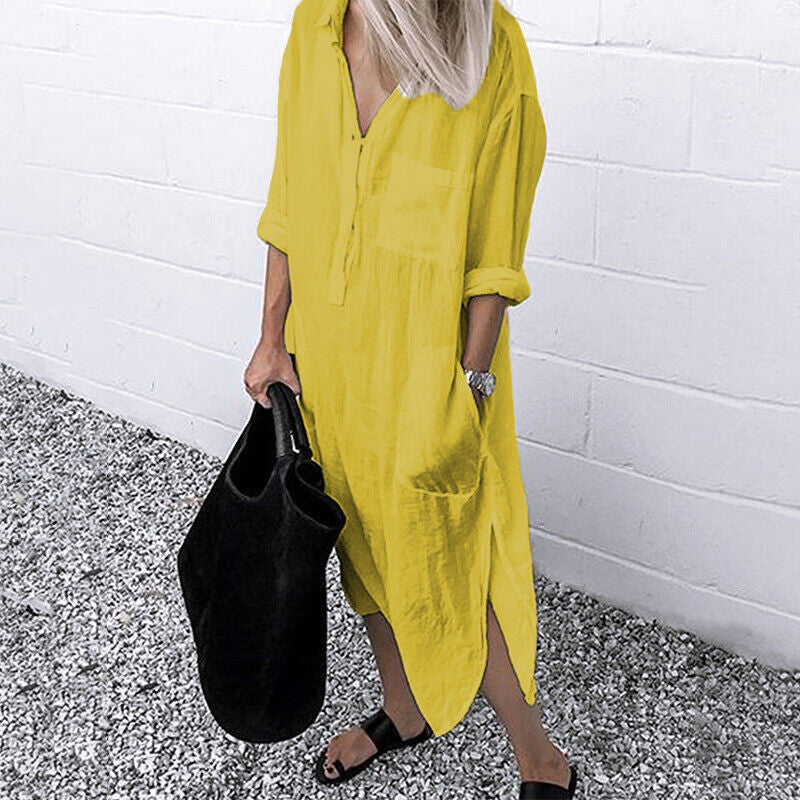 Solid Linen Button Down Curved Hem Side Split Long Shirt Dress