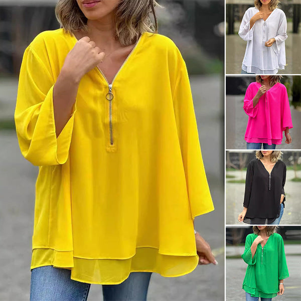 Women Chiffon Half-zip V-neck Casual  Top