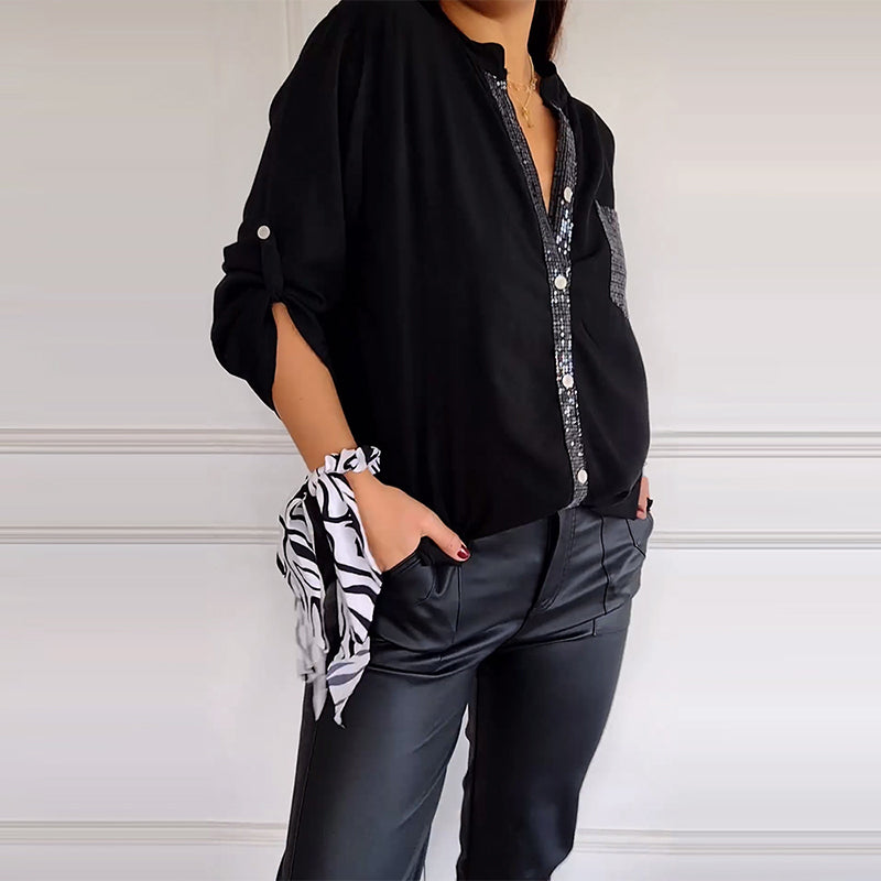 Women Paneled Sequin Mid-sleeve Button Casual Top