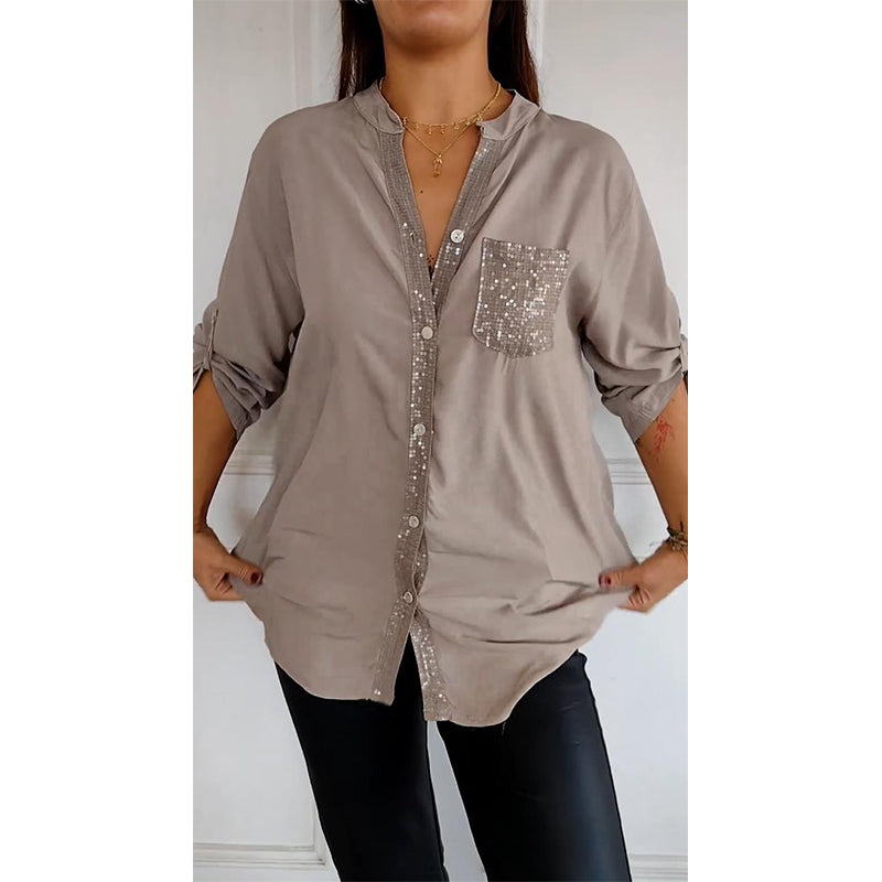 Women Paneled Sequin Mid-sleeve Button Casual Top