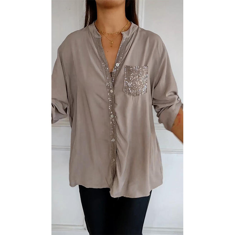 Women Paneled Sequin Mid-sleeve Button Casual Top