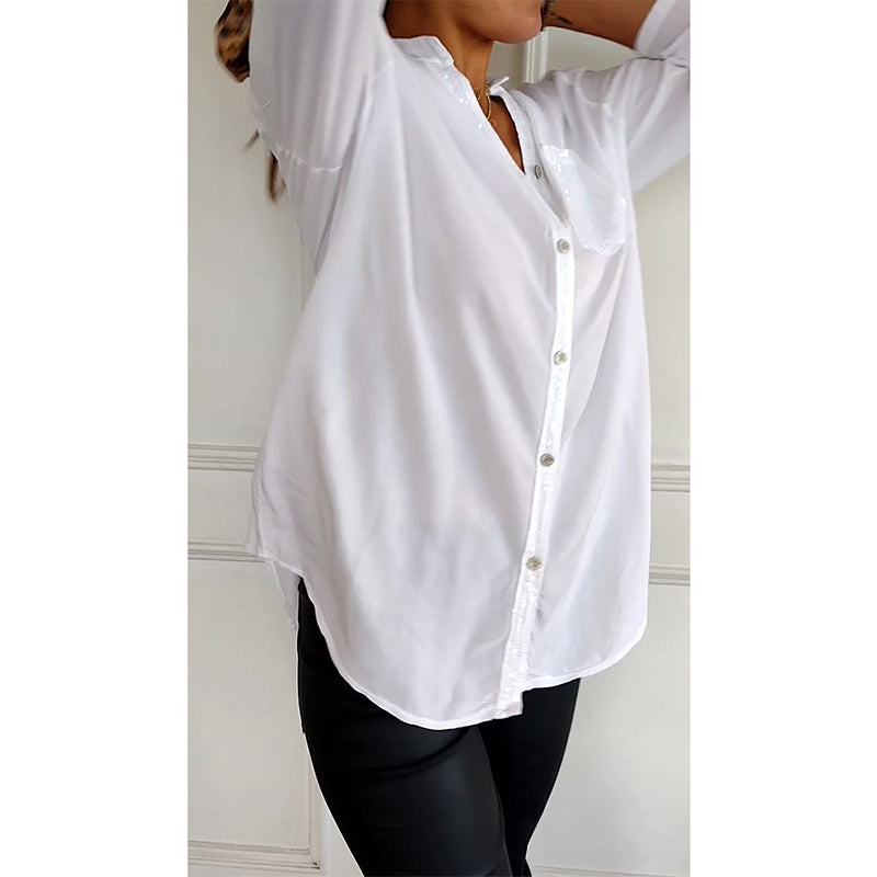 Women Paneled Sequin Mid-sleeve Button Casual Top