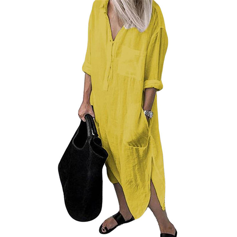 Solid Linen Button Down Curved Hem Side Split Long Shirt Dress