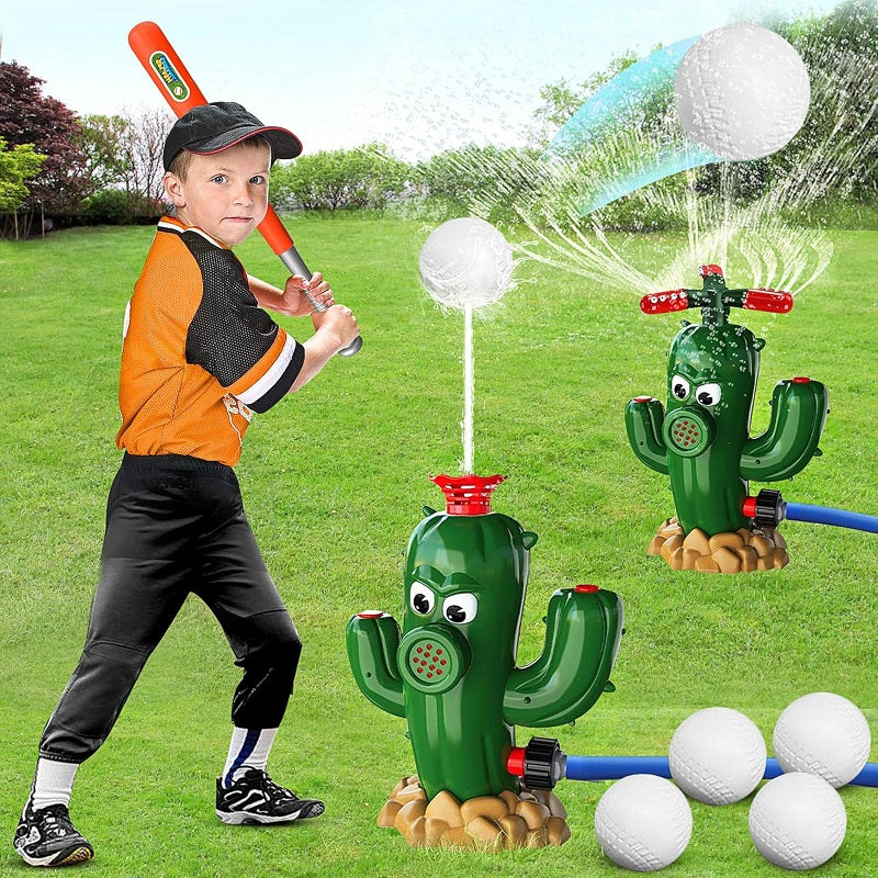 2 in 1 Outdoor Yard 360°Roating Spray Water Sprinkler Baseball Toy with 4 Baseballs