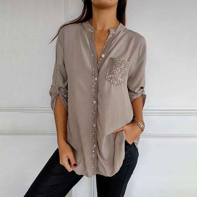 Women Paneled Sequin Mid-sleeve Button Casual Top