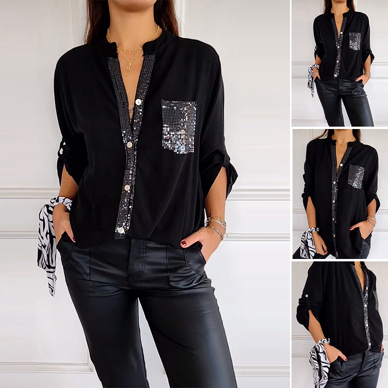 Women Paneled Sequin Mid-sleeve Button Casual Top