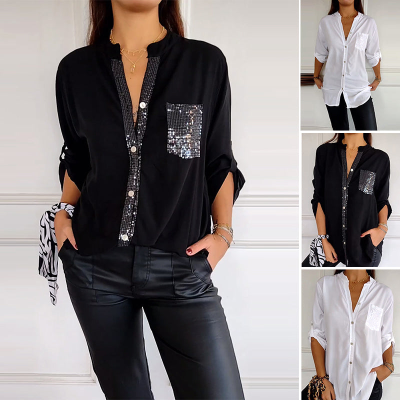 Women Paneled Sequin Mid-sleeve Button Casual Top