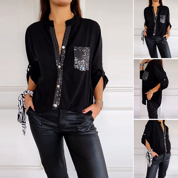 Women Paneled Sequin Mid-sleeve Button Casual Top