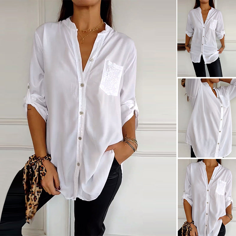 Women Paneled Sequin Mid-sleeve Button Casual Top