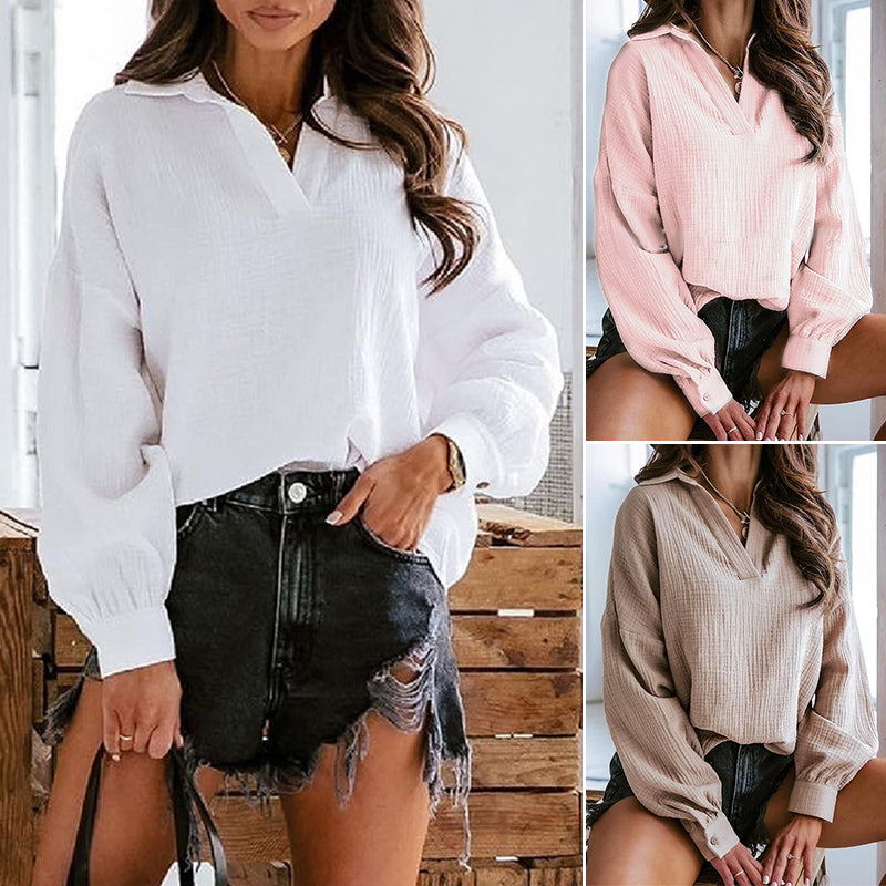 Women Elegant Lantern Sleeve Textured Blouse Long Sleeve V-Neck Base Shirt