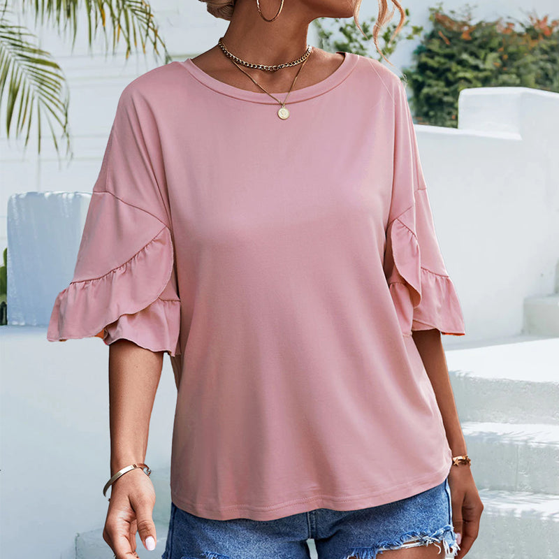 Women's Ruffled Half Sleeve Top Solid Color Crew Neck T-shirt