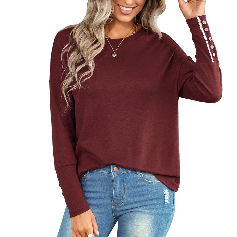 Women Fashion Crew Neck T-Shirt with Buttoned Cuffs