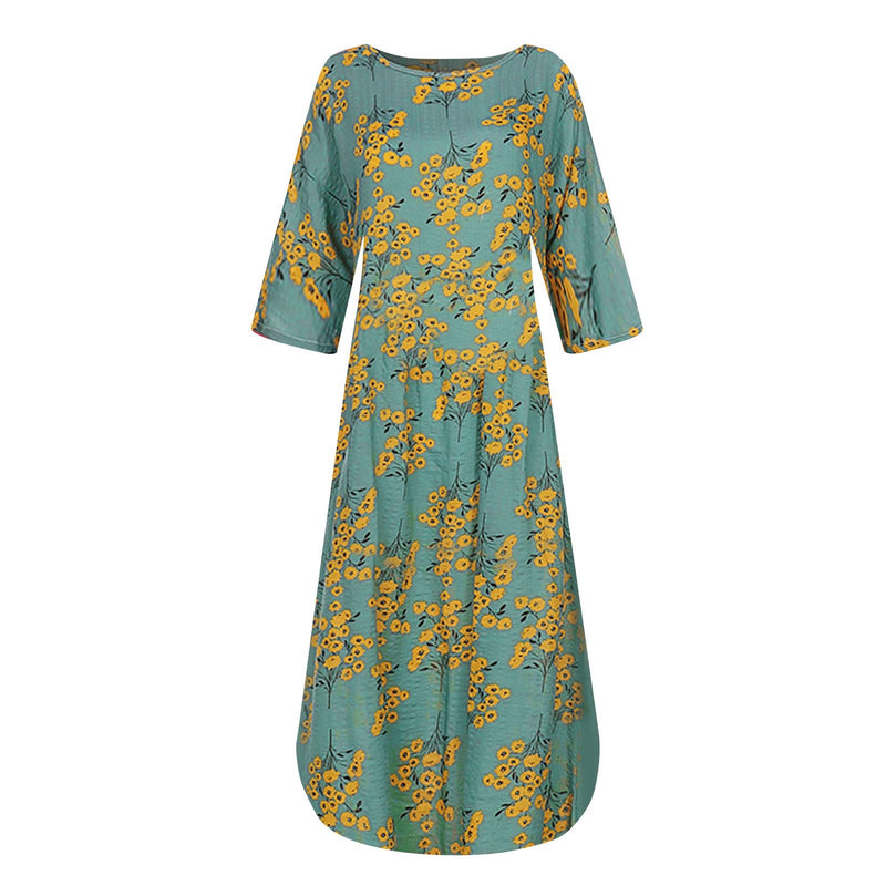 Women’s Loose Retro Round Neck Print Dress with Three-Quarter Sleeve