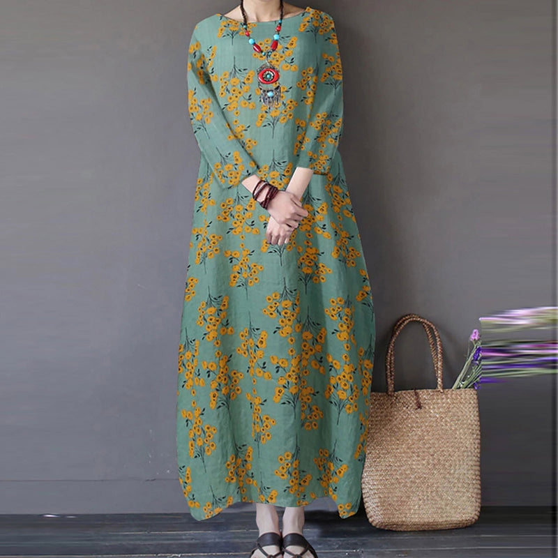 Women’s Loose Retro Round Neck Print Dress with Three-Quarter Sleeve