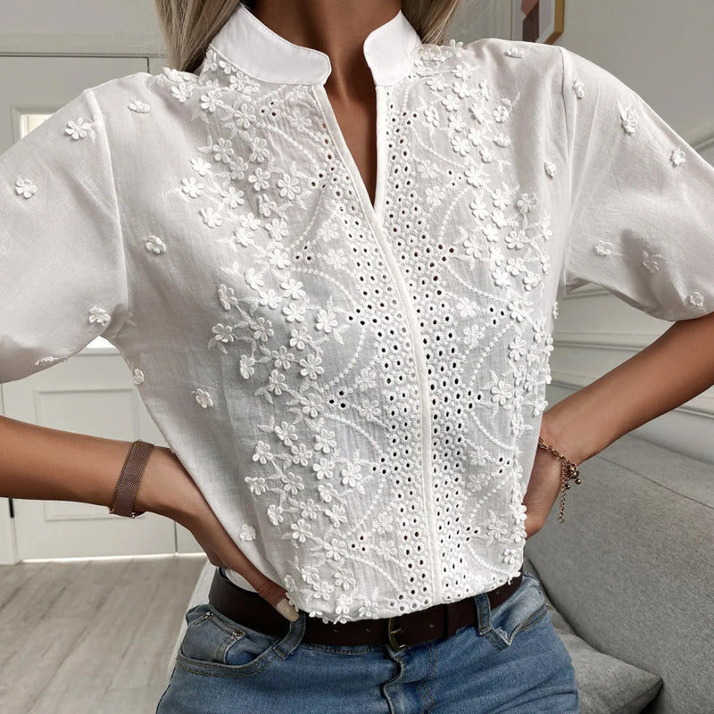 Floral Pattern Eyelet Embroidery Half Sleeve Top