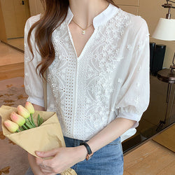 Floral Pattern Eyelet Embroidery Half Sleeve Top