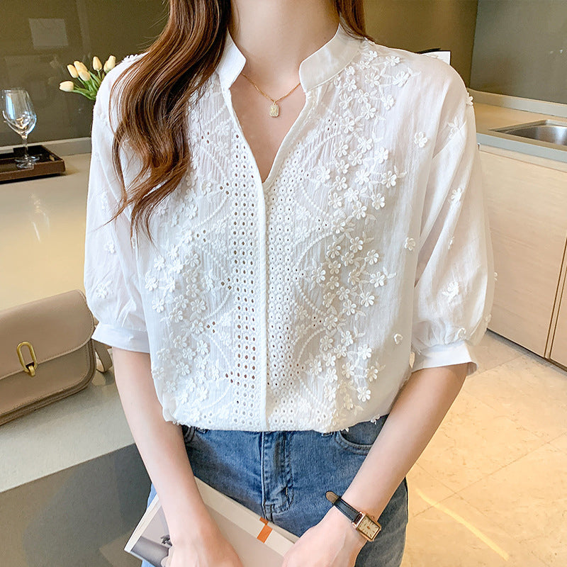 Floral Pattern Eyelet Embroidery Half Sleeve Top