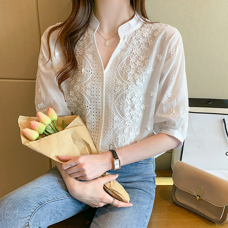 Floral Pattern Eyelet Embroidery Half Sleeve Top