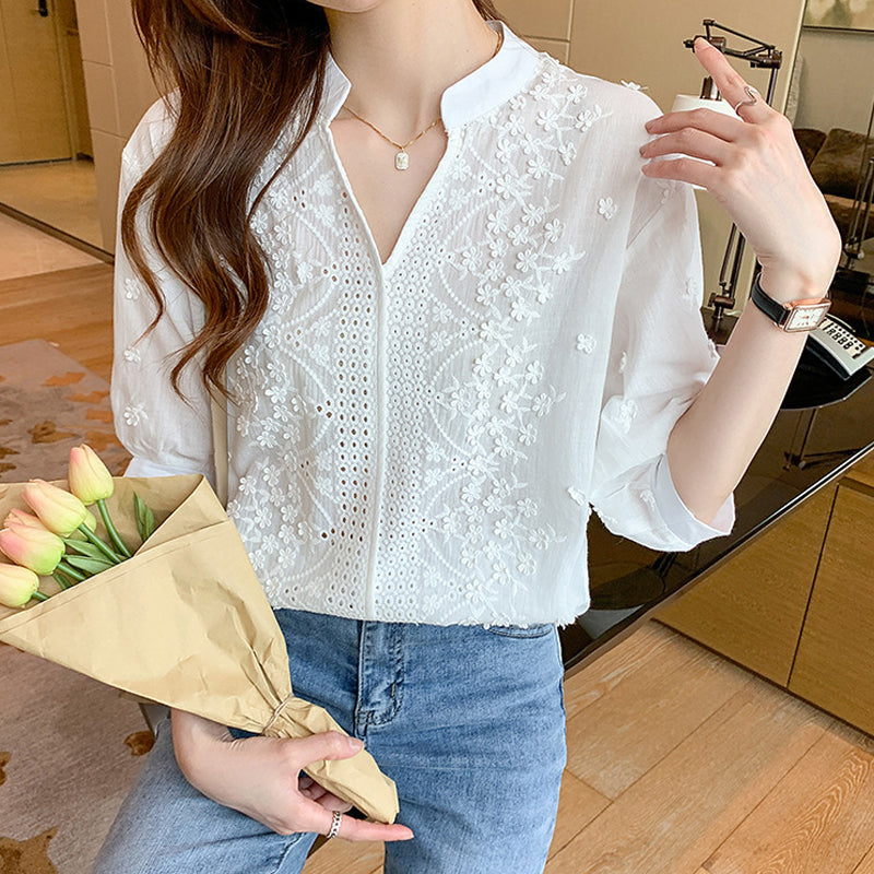 Floral Pattern Eyelet Embroidery Half Sleeve Top