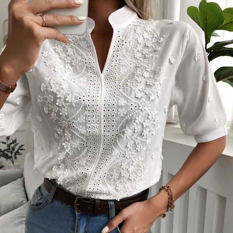 Floral Pattern Eyelet Embroidery Half Sleeve Top