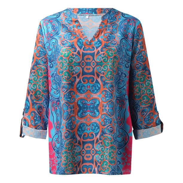 Women's Casual Boho Print V Neck Long Sleeve T-Shirt