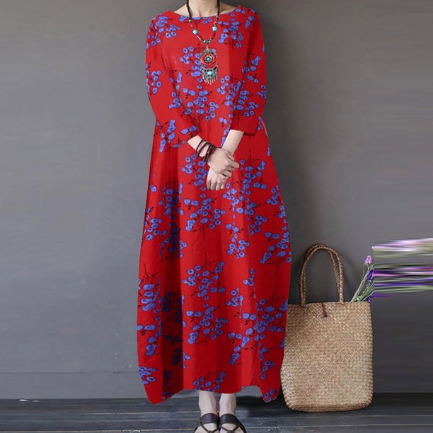 Women’s Loose Retro Round Neck Print Dress with Three-Quarter Sleeve