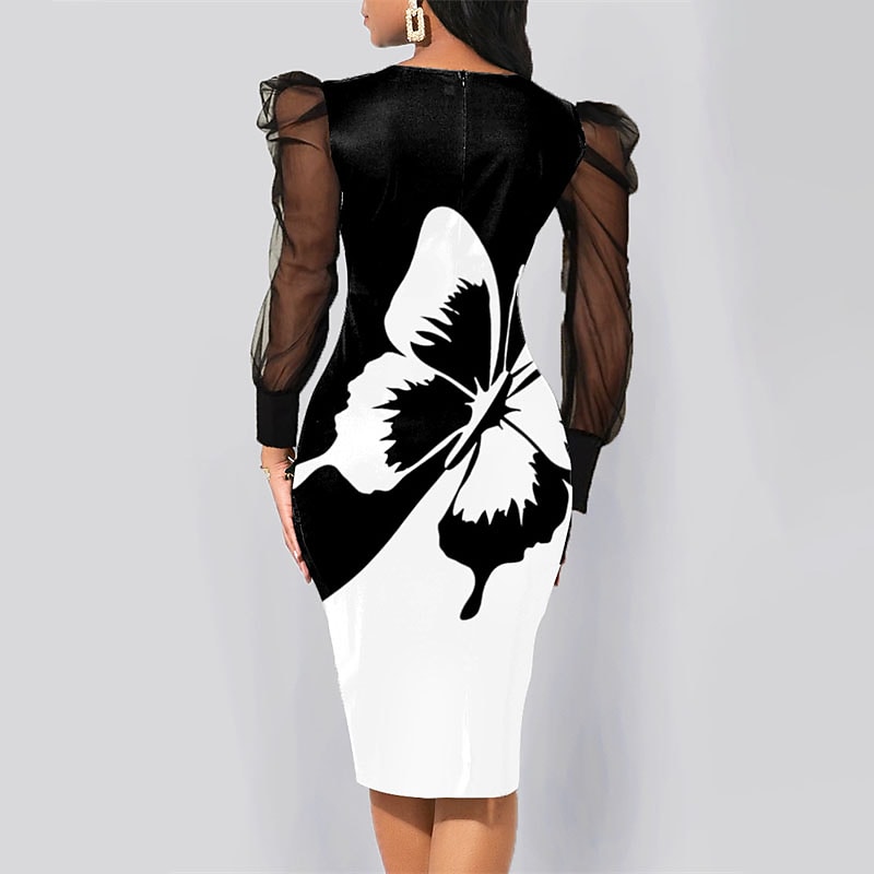 Women's Black and White Butterfly Print Fitted Dress Round Neck Mesh Stitching