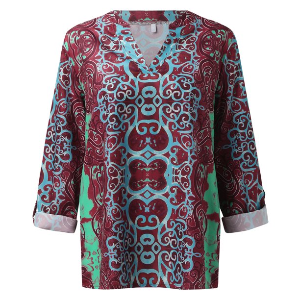 Women's Casual Boho Print V Neck Long Sleeve T-Shirt