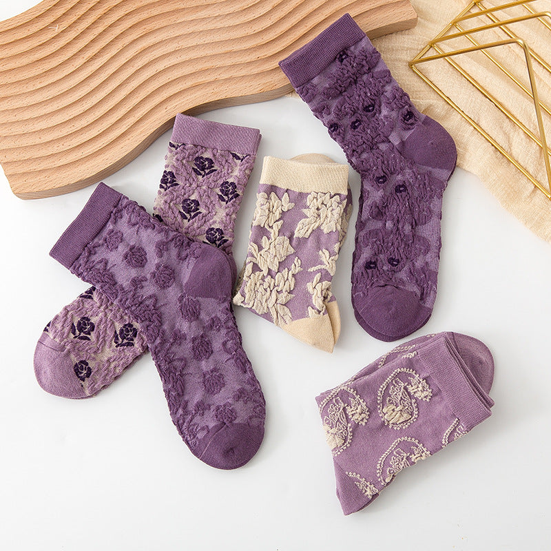 5 Pairs Women's Purple Vintage Floral Cotton Socks