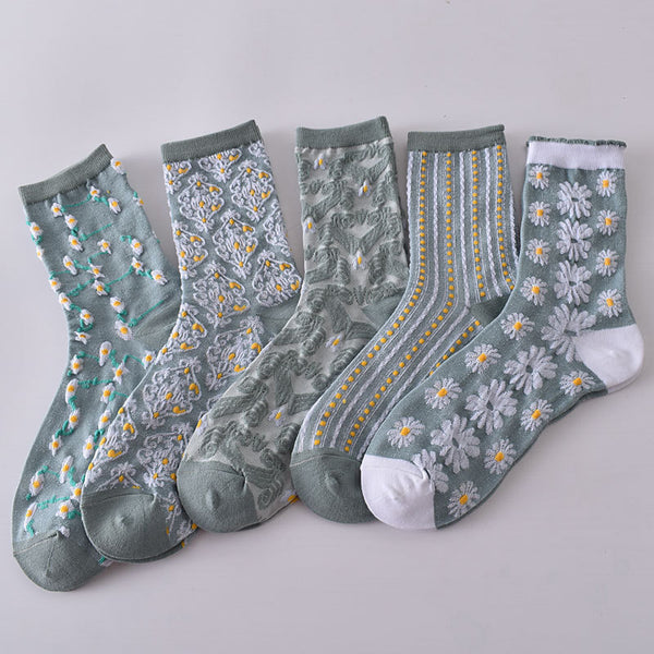 5 Pairs Women's Blue Elegant Embossed Floral Cotton Socks