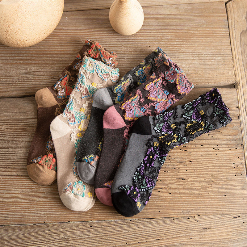 5 Pairs Women's Vintage Embossed Floral Mid-calf Socks