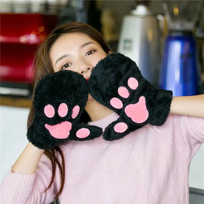 Thickened plush cat claw gloves