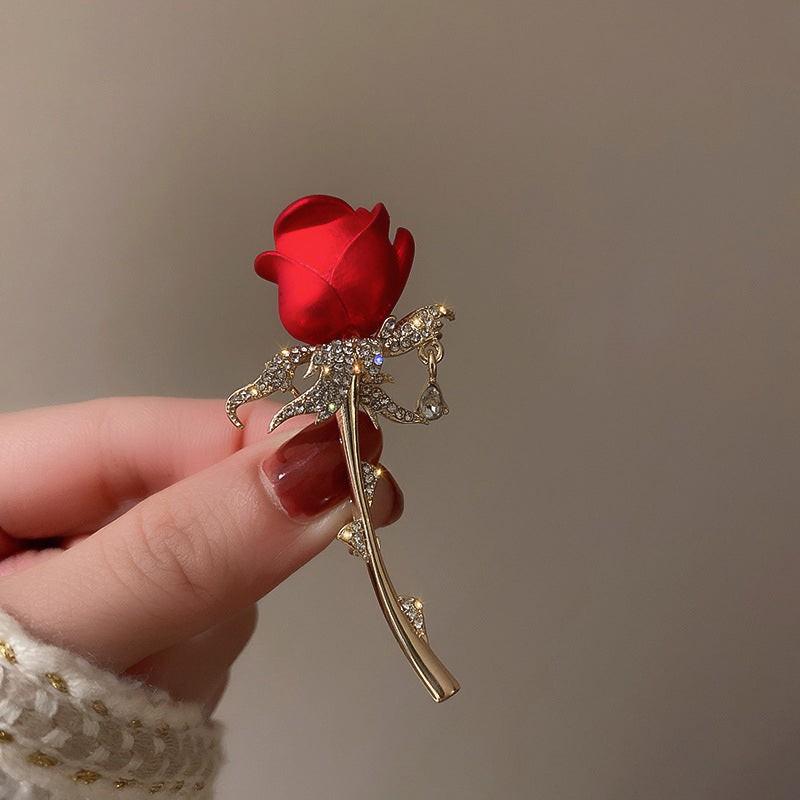 Gold Plated CZ Rose Brooch Pin