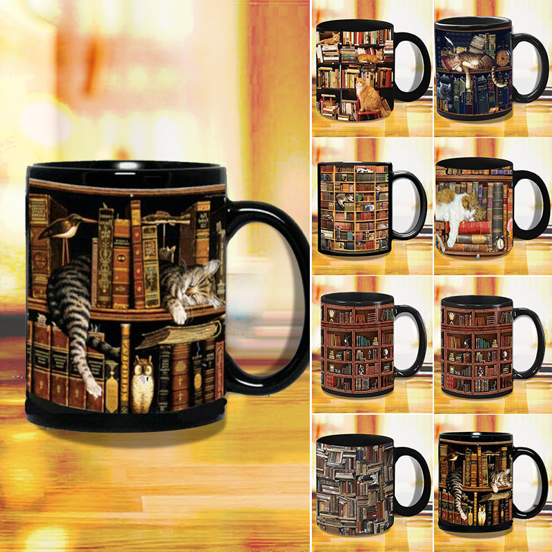 Bookself Ceramic Coffee Mug - Gift for Cat Book Lover