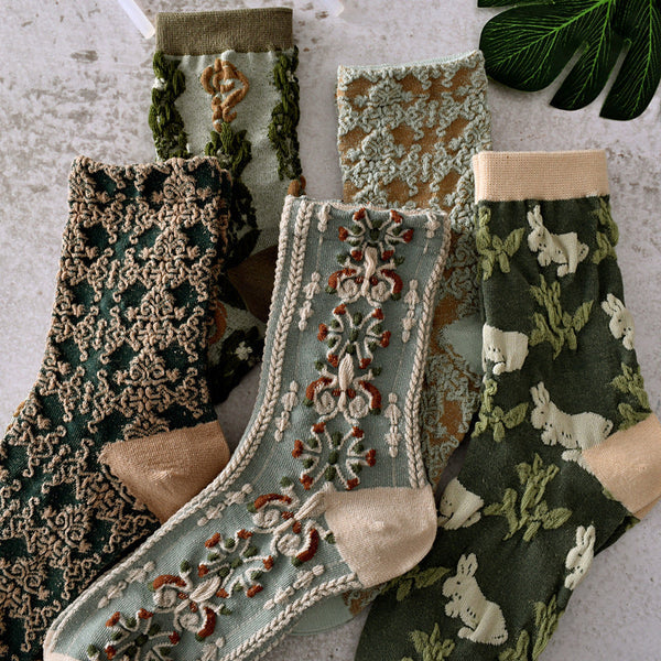 5 Pairs Women's Vintage Floral Cotton Socks