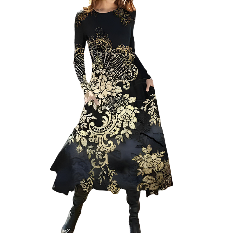 Women's Print Round Neck Midi Dress