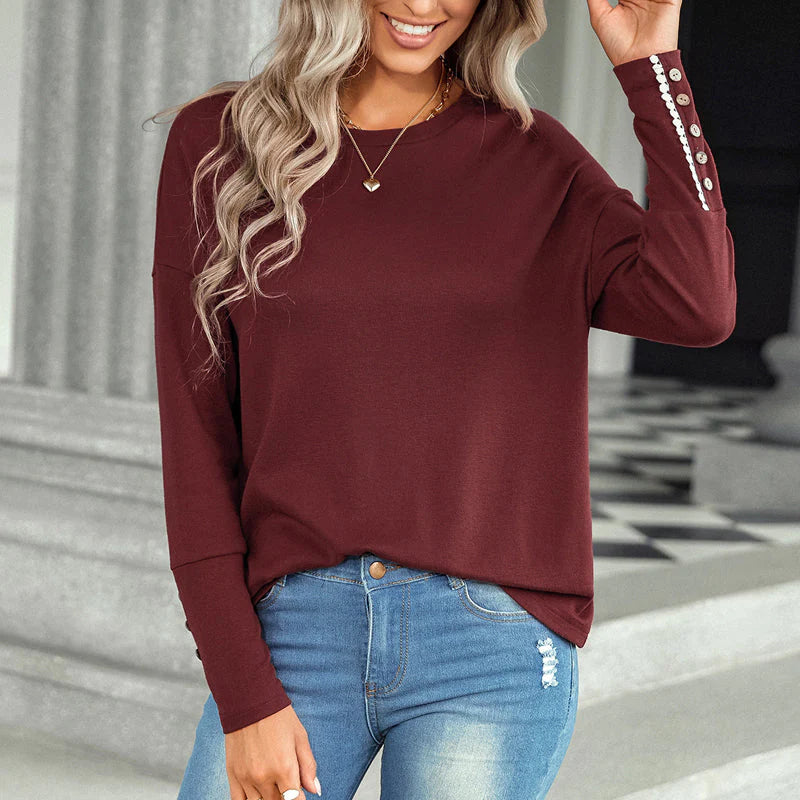 Women Fashion Crew Neck T-Shirt with Buttoned Cuffs