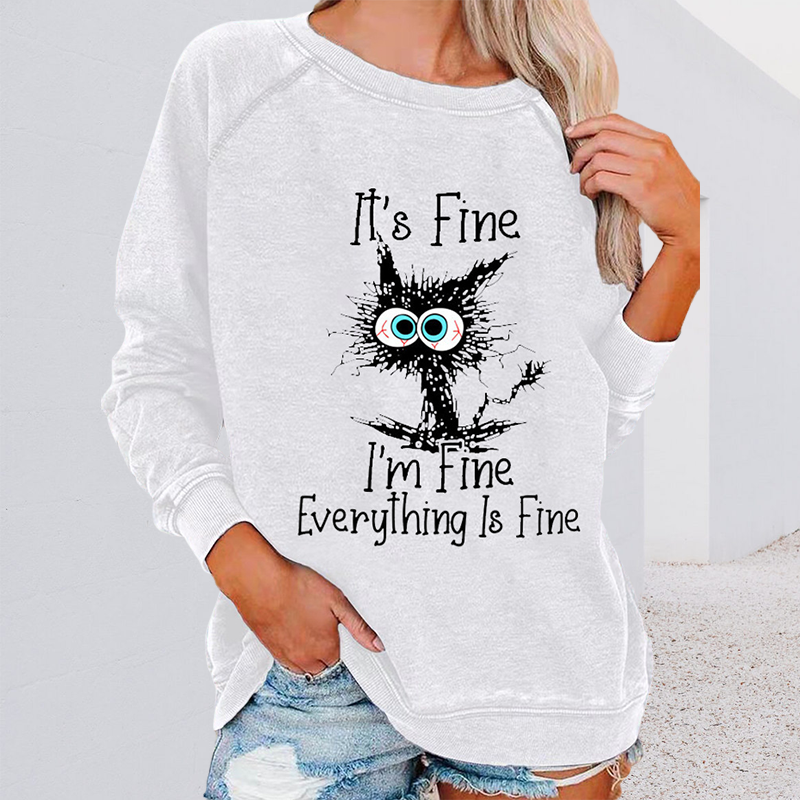 Crew Neck Casual Long Sleeve T-shirt - Cat Print It's Fine