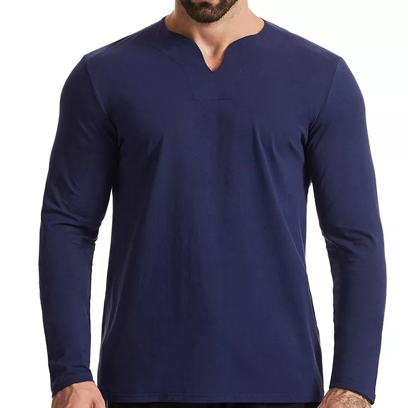 Men's V-Neck Cotton Long Sleeve Shirt