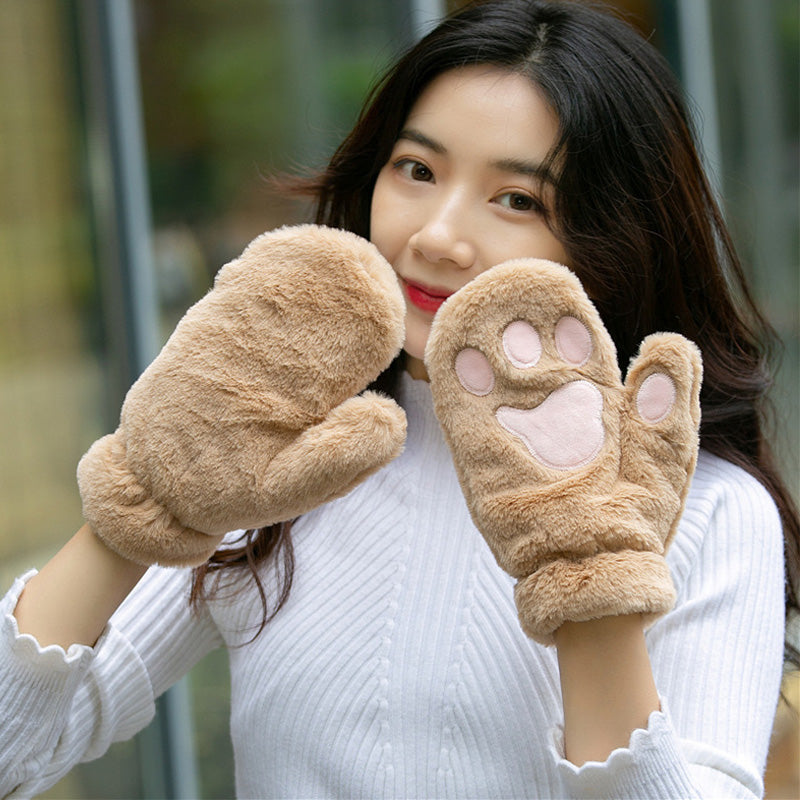 Thickened plush cat claw gloves