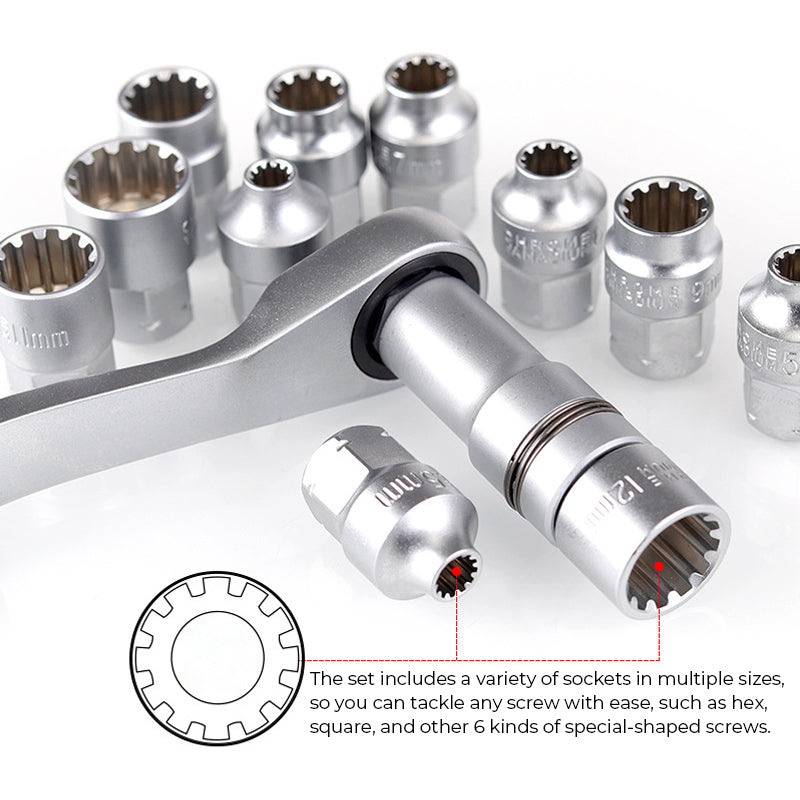 29 pcs. ratchet sockets through the centre