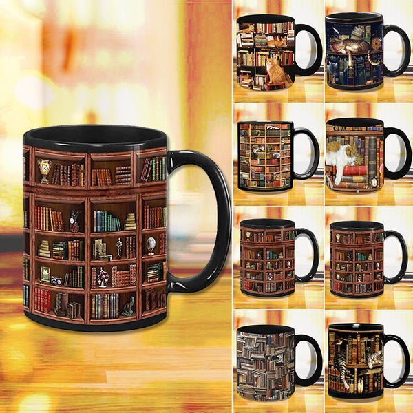 Bookself Ceramic Coffee Mug - Gift for Cat Book Lover