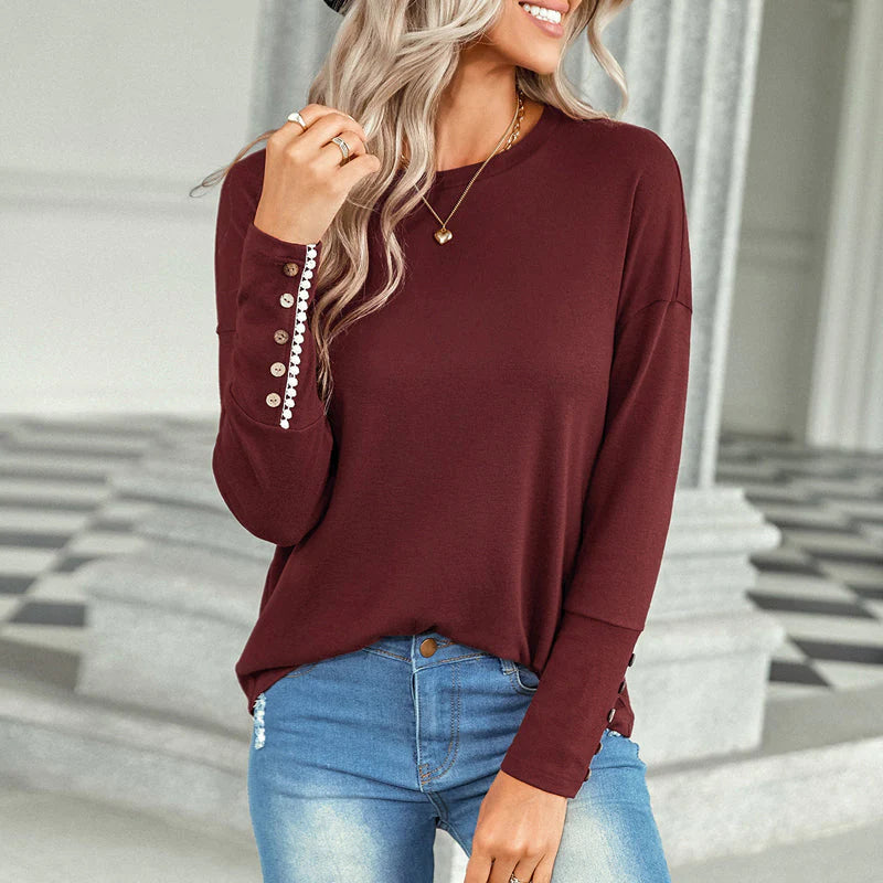 Women Fashion Crew Neck T-Shirt with Buttoned Cuffs