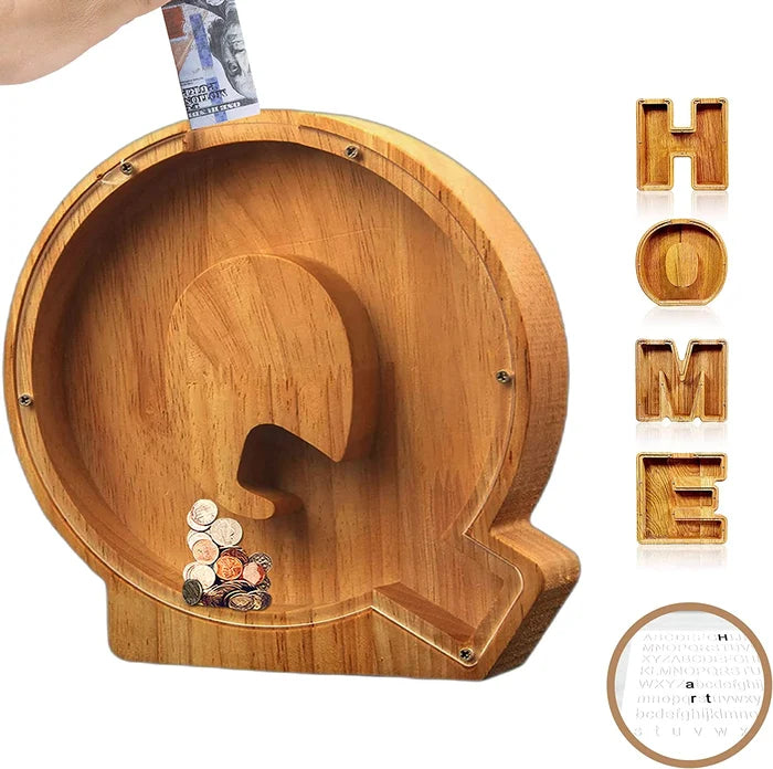 Alphabet A-Z Letter Wooden Piggy Bank Coin Box for Kids Adult Gift