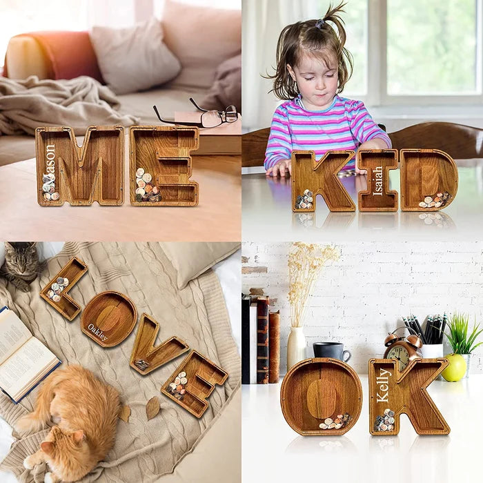 Alphabet A-Z Letter Wooden Piggy Bank Coin Box for Kids Adult Gift