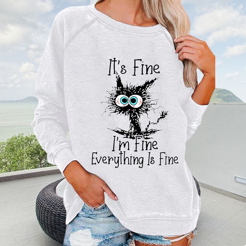 Crew Neck Casual Long Sleeve T-shirt - Cat Print It's Fine